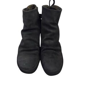 Fly London Yama Suede Wedge Boots Gray Petrol Ruched Ankle Lace Up 39